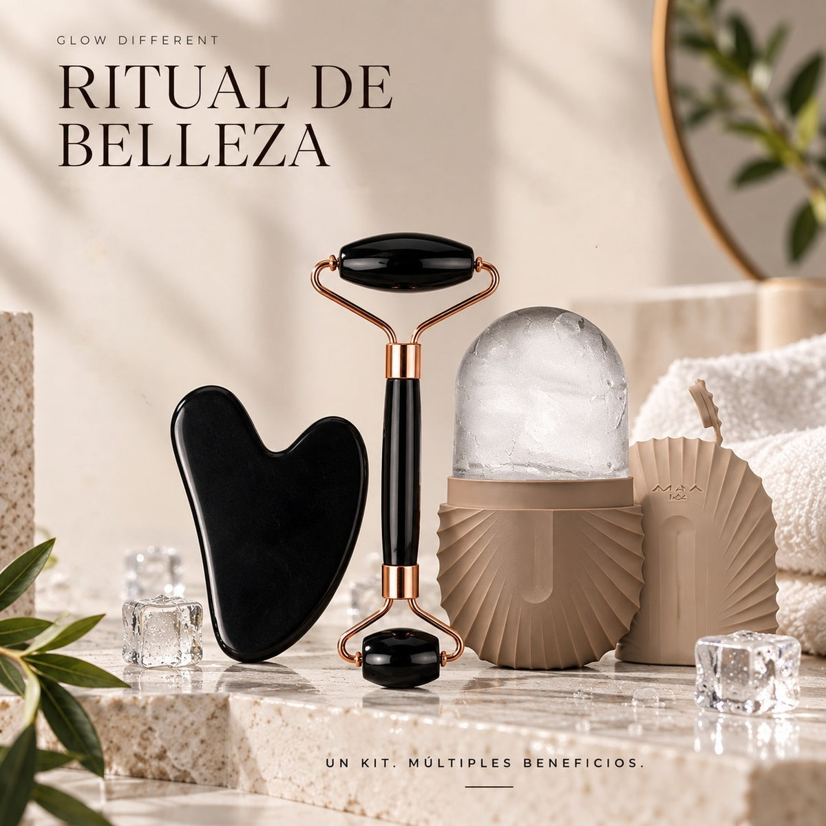 Pack Ritual de Belleza GLACÉ: rodillo facial, gua sha y molde de hielo en color Beige