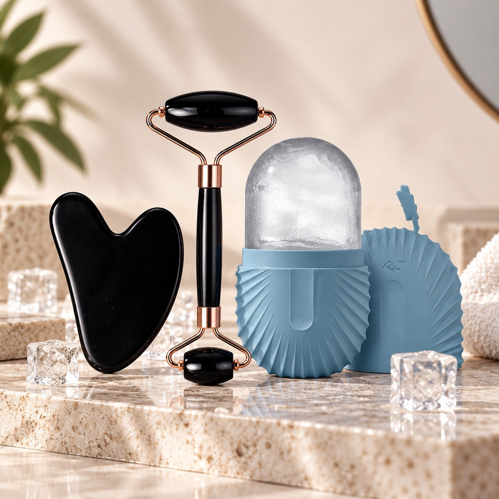 Pack Ritual de Belleza GLACÉ en color Azul: rodillo facial, gua sha y molde de hielo
