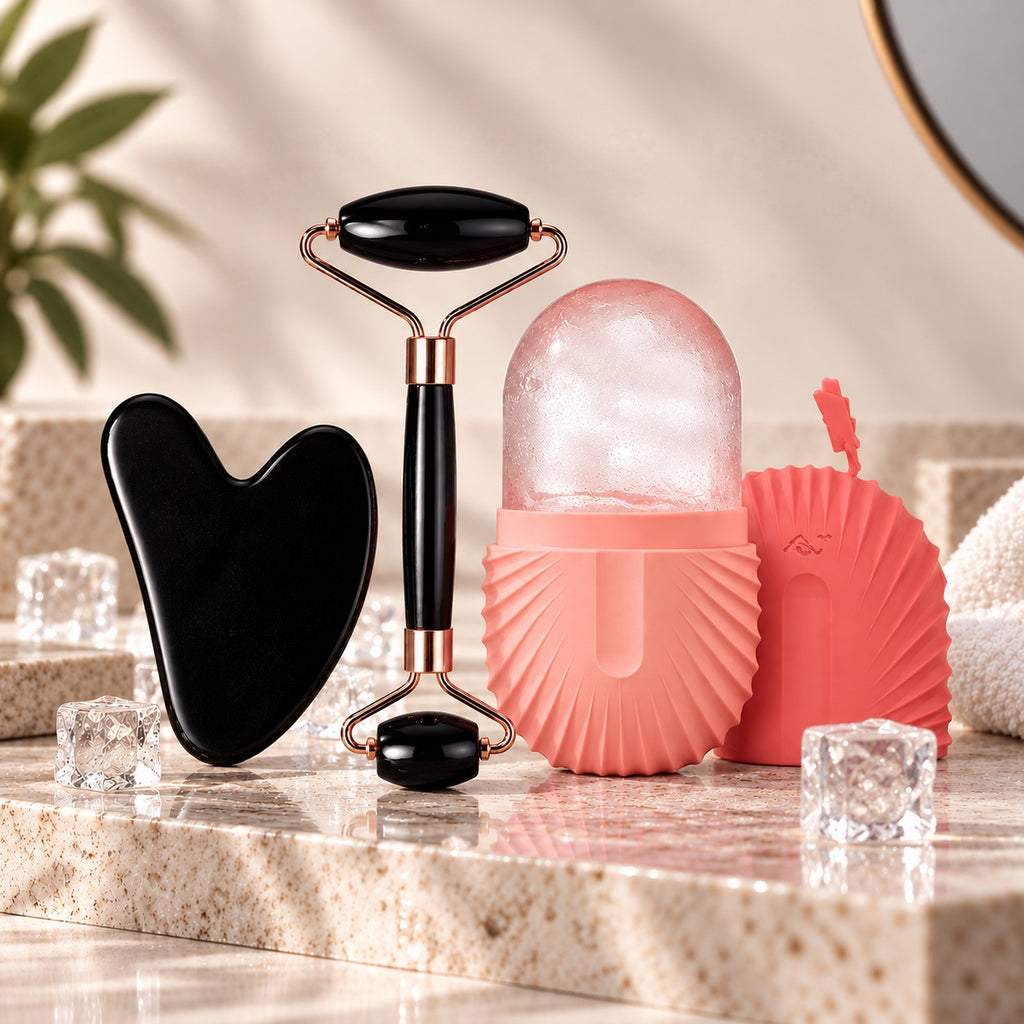 Pack Ritual de Belleza GLACÉ en color Coral: rodillo facial, gua sha y molde de hielo