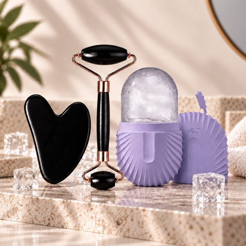 Pack Ritual de Belleza GLACÉ en color Morado: rodillo facial, gua sha y molde de hielo