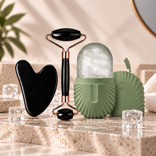 Pack Ritual de Belleza GLACÉ en color Verde: rodillo facial, gua sha y molde de hielo
